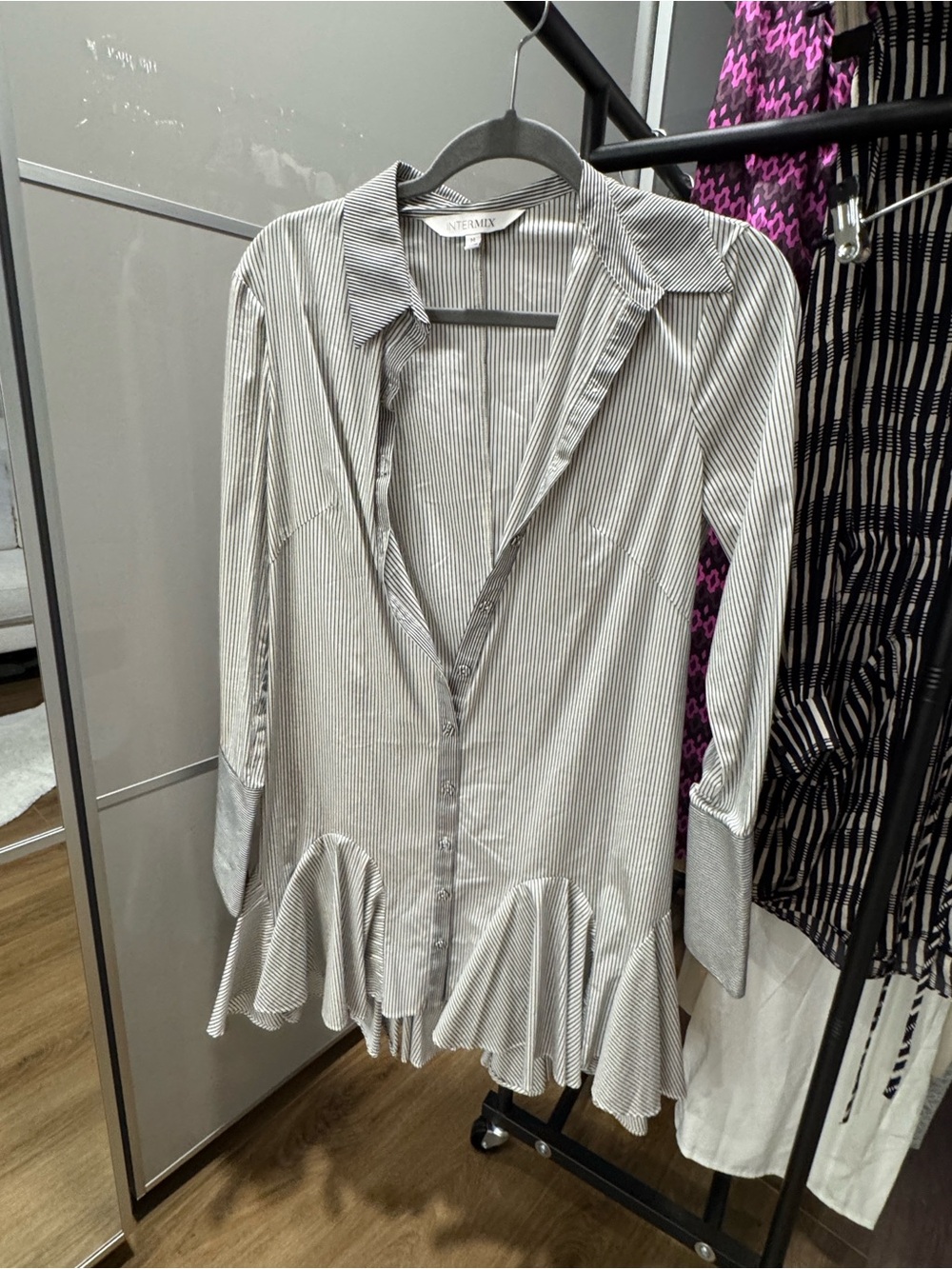 INTERMIX Gray and White Pinstripe Ruffle-Hem Button Down Shirt
